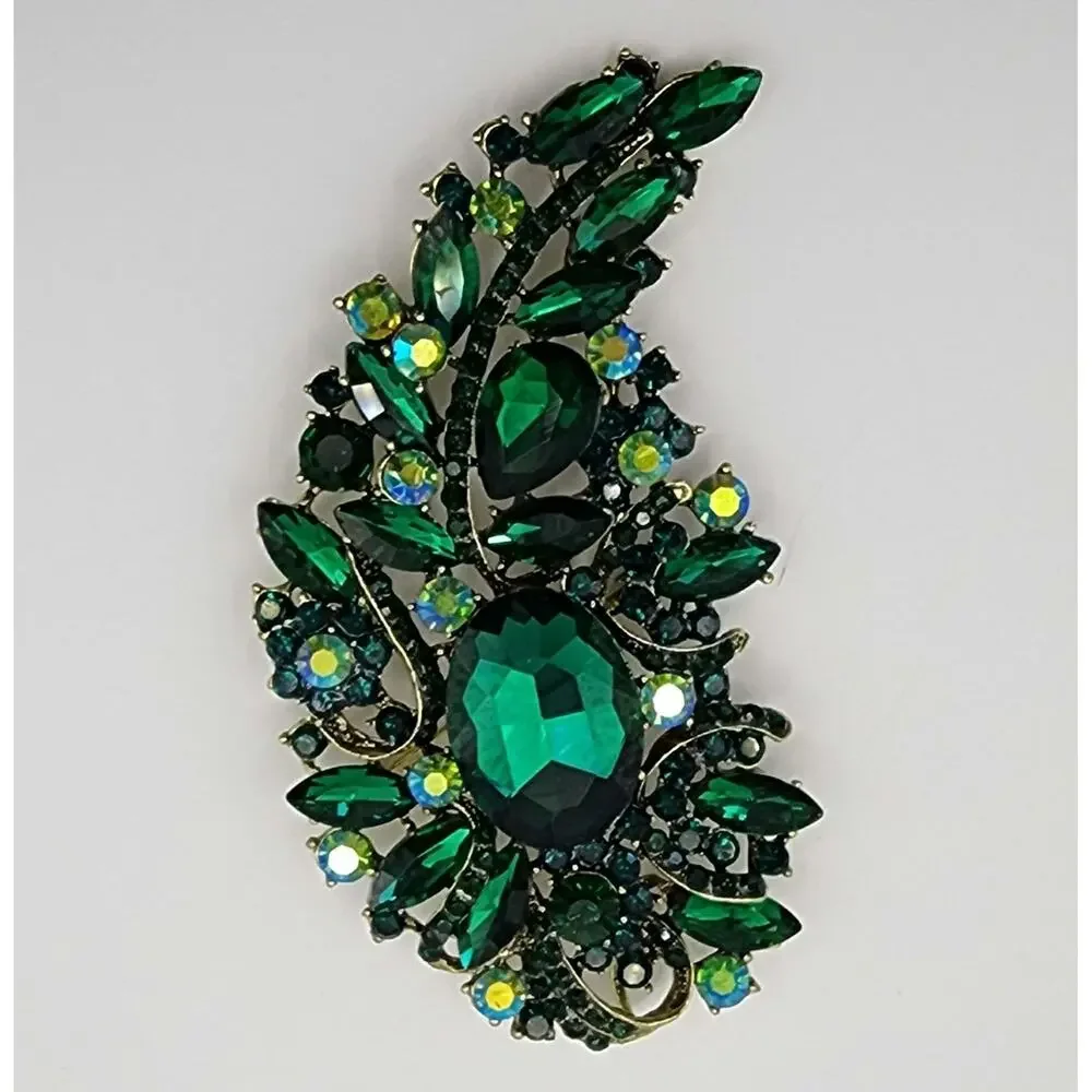 Green Abstract Floral Brooch: Faux Jewels & Rhinestones, Large